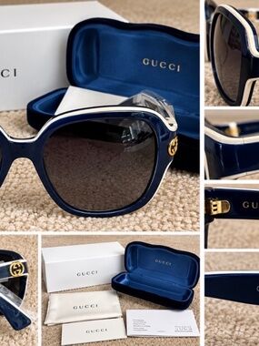 Gucci Oversized Sunglasses Navy Blue & White Gold GG – NEW Full Set